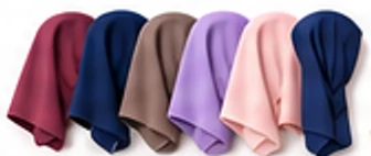 Six folded hijabs in plum, navy, taupe, lilac, blush and dark blue