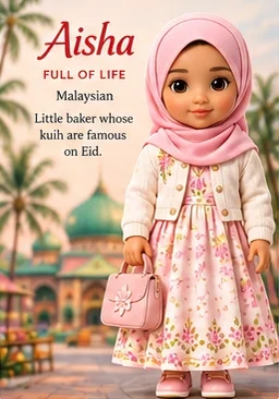 Aisha — “full of life”. Malaysian. Little baker whose kuih are famous on Eid.