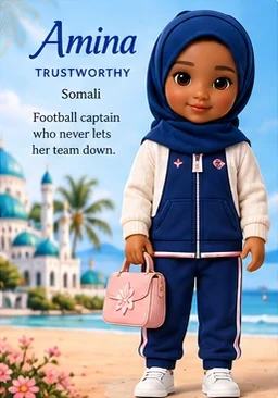 Amina — “trustworthy”. Somali. Football captain who never lets her team down.