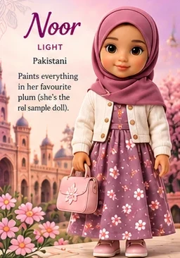 Noor — “light”. Pakistani. Paints everything in her favourite plum. She’s the real sample doll.