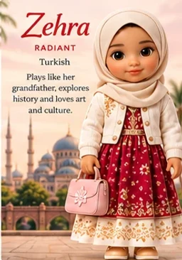 Zehra — “radiant”. Turkish. Plays like her grandfather, explores history and loves art and culture.