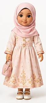 Noor in her Eid look: blush hijab and embroidered gold-trimmed dress