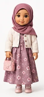 Noor in her everyday look: plum hijab, cream cardigan, floral dress