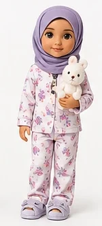 Noor in her pajama look: lilac hijab, floral pajamas and a plush bunny