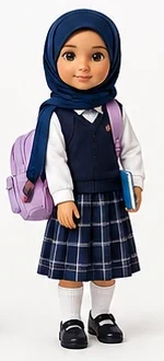 Noor in her school look: navy hijab, vest, plaid skirt and backpack