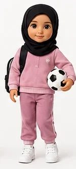 Noor in her sports look: black hijab, pink tracksuit and a football