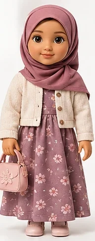 Noor, a doll in a plum hijab, cream cardigan and floral dress, holding a pink handbag